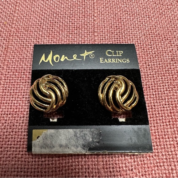 Monet Jewelry - Vintage Monet Yellow Gold Cutout Knot Clip-On Button Earrings - Costume Jewelry